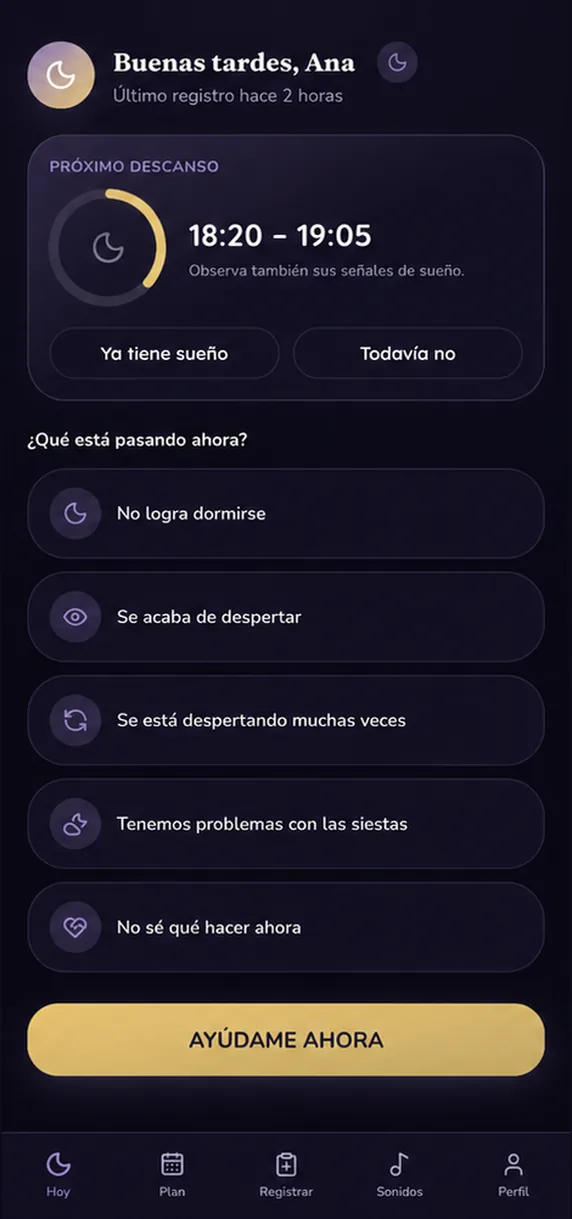 Pantalla de inicio de Duerme Ya mostrando cuánto falta para el próximo descanso del bebé