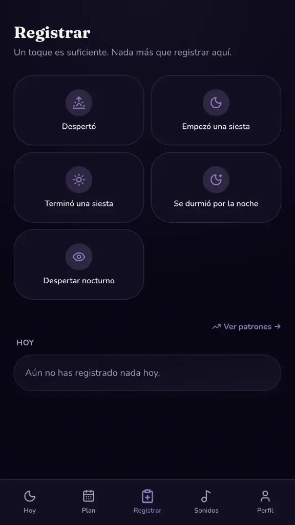 Pantalla Registrar de la app Duerme Ya