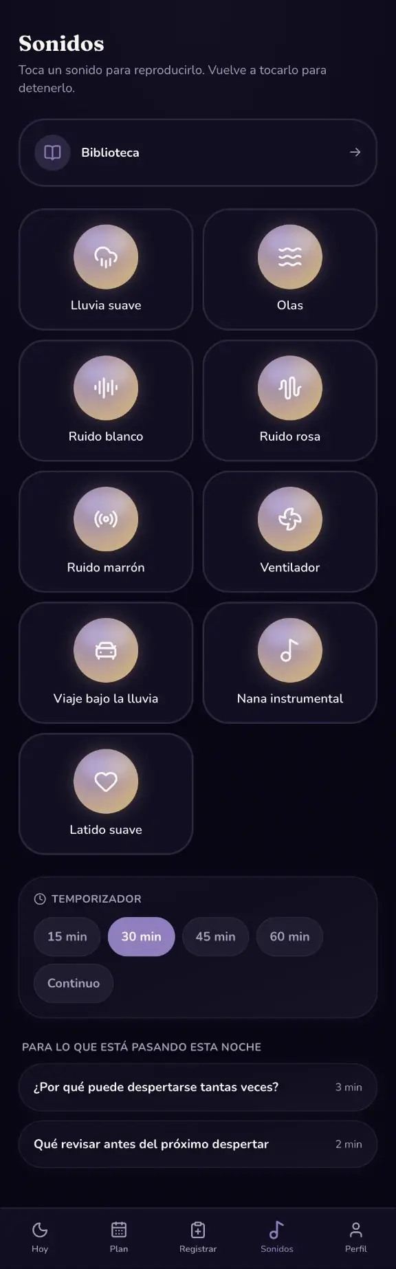 Pantalla Sonidos de la app Duerme Ya