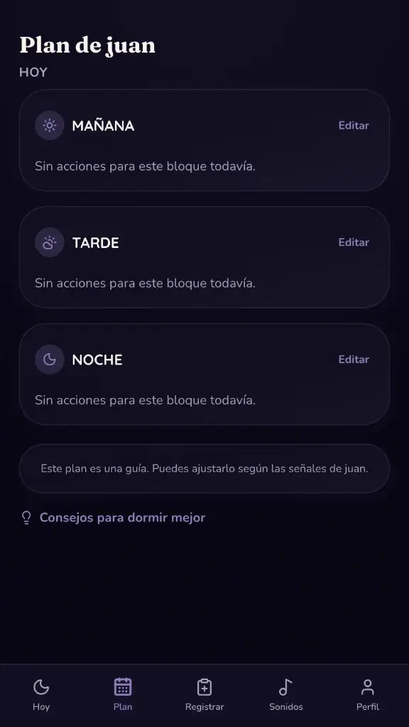 Pantalla Plan de la app Duerme Ya