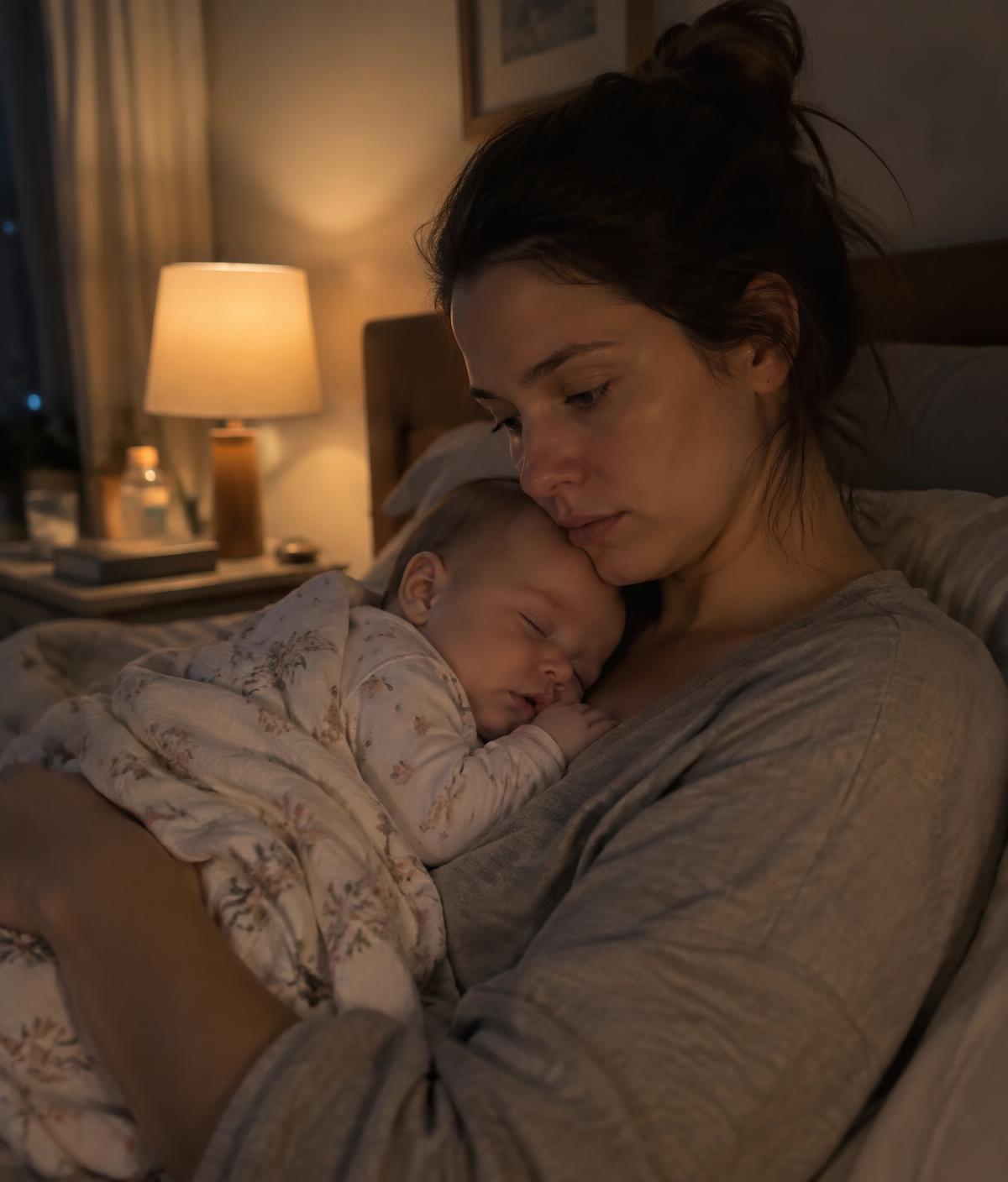 Mamá sosteniendo a su bebé dormido durante la noche